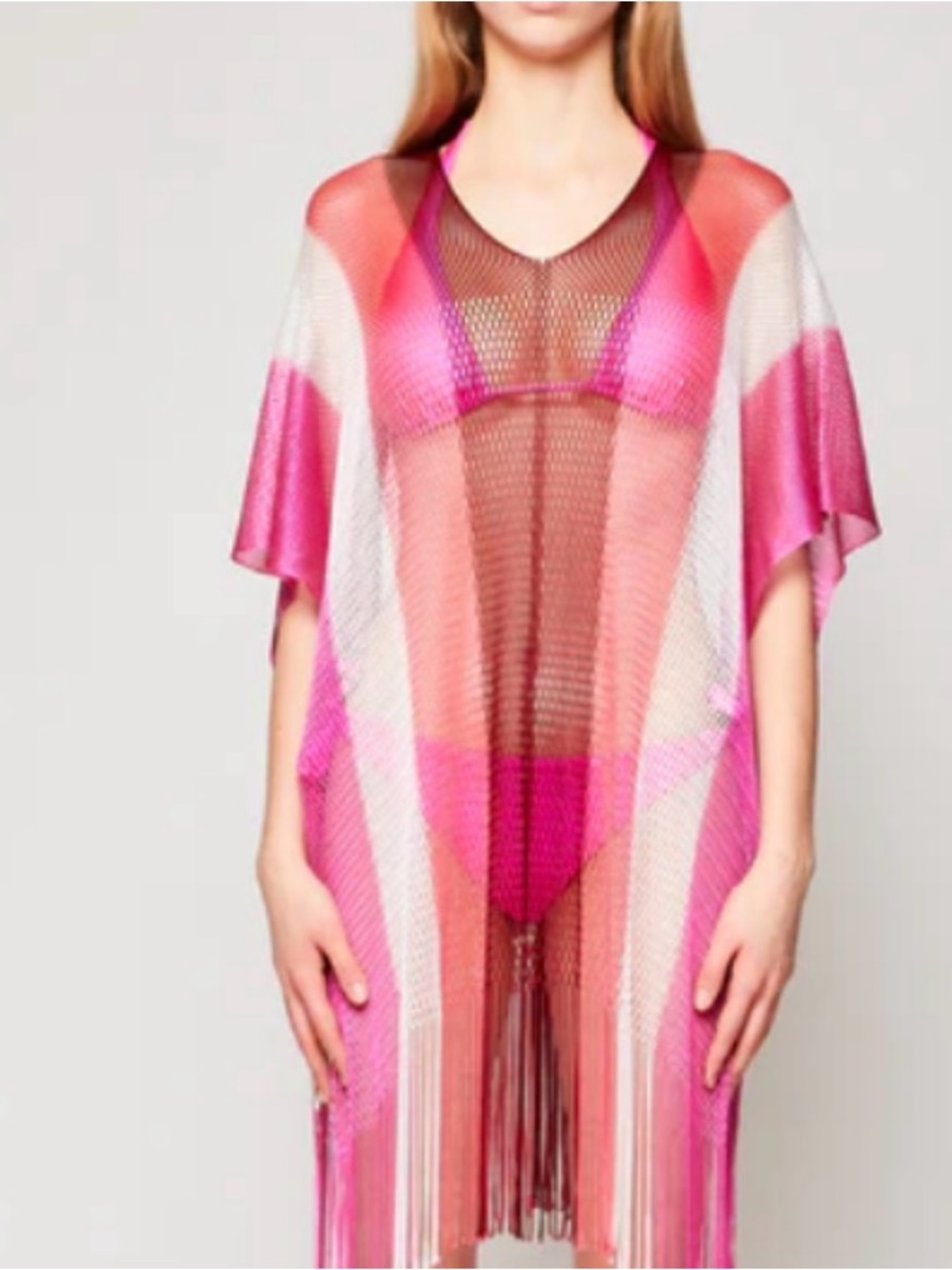 Sundek Pink Ombre Fringe Mesh Cover Up poncho sheer festival pool vacation